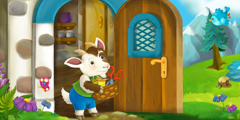 Cartoon scene of little goat in front of village house - illustration for children