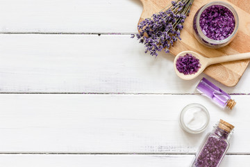 ingredients for manufacture of natural cosmetics with lavender top view
