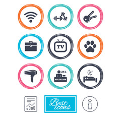 Hotel, apartment service icons. Wi-fi internet. Reception, pets allowed and hairdryer symbols. Report document, information icons. Vector
