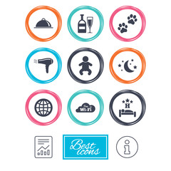 Hotel, apartment service icons. Restaurant sign. Alcohol drinks, wi-fi internet and sleep symbols. Report document, information icons. Vector