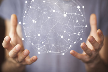 businessman touching virtual screen with cyber icon