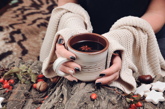 Female hands in warm clothes holding a ceramic cup of hot tea on a wood bark with some rose hips fruits