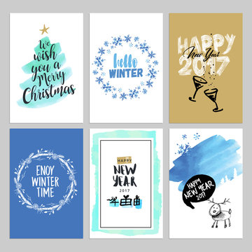 Christmas and New Year hand drawn greeting cards set. Watercolor vector illustrations for greeting cards, website and mobile banners, marketing material. 