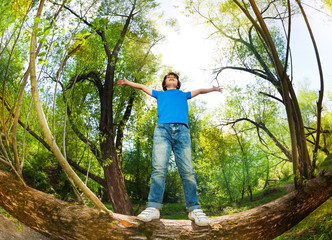 Naklejka na ściany i meble Portrait of boy standing on fallen tree stem