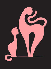 Pink silhouettes of two cats on black background. Mother and child. Vector illustration