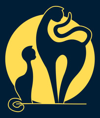 Silhouettes of two cats and a full moon in the background. Mother and child. Vector illustration.