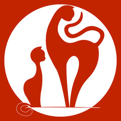 Silhouettes of two cats in red and a white circle in the background. Mother and child. Vector illustration