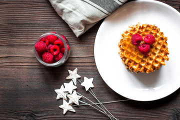 Christmas breakfast with waffles top view