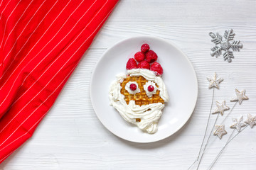 kids menu Christmas breakfast waffles top view