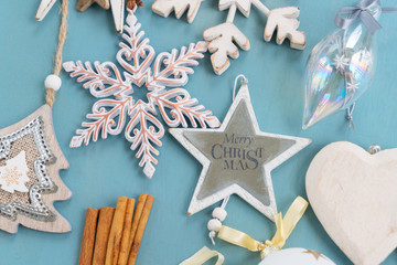 Blue and white christmas - styled christmas composition flat lay style close up