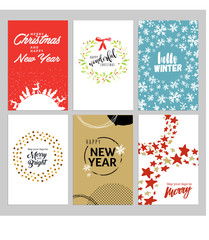 Naklejka premium Christmas and New Year vintage greeting cards set. Hand drawn vector illustrations for greeting cards, website and mobile banners, marketing material. 