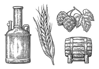 Row of tanks, hop branch with leaf, ear of barley and wooden barrel. - obrazy, fototapety, plakaty