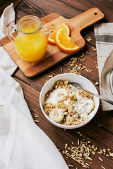 healthy breakfast bowl of yogurt with granola and eggs