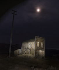 Moon and Old Building at Night, Ghost Town of Bodie