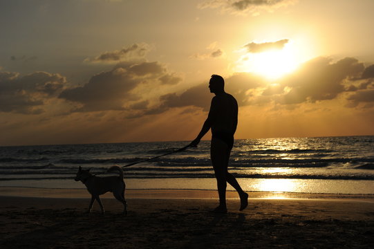 Man with a dog walking on beach at sunset