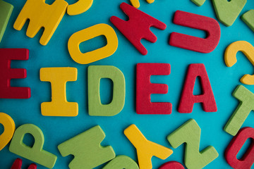 colorful words idea on blue background