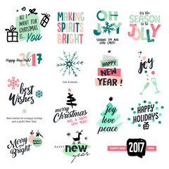 Set of Christmas and New Year vintage style badges and stickers. Hand drawn  watercolor vector illustrations for greeting cards, website design, gift tags and marketing material. 