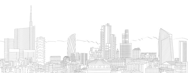 Nuovo skyline di Milano, disegno a mano libera. The Diamond Tower e grattacieli, Torre Solaria, Unicredit Tower, Italia - obrazy, fototapety, plakaty