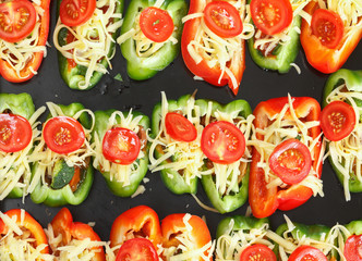 Raw bell pepper with cheese, herbs and vegetables