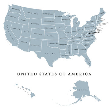 USA United States of America political map with capital Washington. The U.S. states including Alaska and Hawaii with their borders. Gray colored illustration with English labeling on white background.