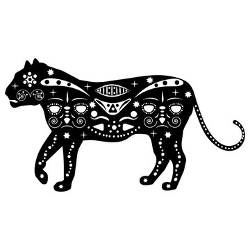 Silhouette of tiger in traditional Aboriginal patterns and ornam