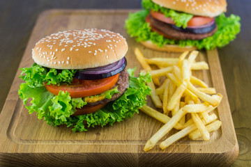 Fresh Burger with Cutlet Onion Lettuce Tomato Mustard Sauce and