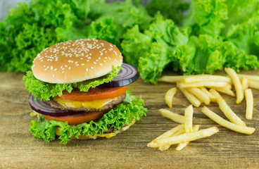 Fresh Burger with Beef Cutlet Onion Lettuce Tomato Mustard Sauce
