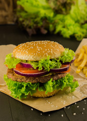 Fresh Burger with Beef Cutlet Onion Lettuce Tomato Mustard Sauce