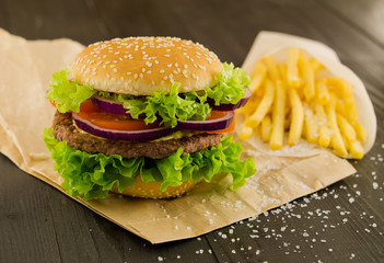 Fresh Burger with Beef Cutlet Onion Lettuce Tomato Mustard Sauce