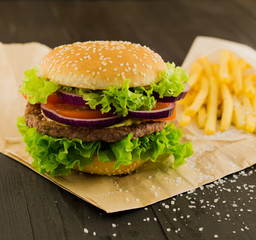 Fresh Burger with Beef Cutlet Onion Lettuce Tomato Mustard Sauce