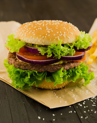 Fresh Burger with Beef Cutlet Onion Lettuce Tomato Mustard Sauce