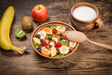 Healthy nutrition background with oatmeal and fruits