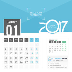January 2017. Calendar for 2017 Year. 2 Months on Page. Vector Design. Template with Place for Photo and Company Logo