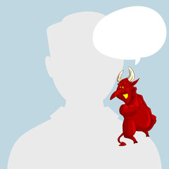 Blank male avatar or profile picture with devil conscience character on his shoulder advising him.