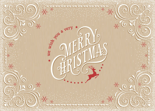 Horizontal Merry Christmas card with ornate typographic design on the cardboard background. Vector illustration.