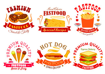 Fast food menu icons, labels, emblems set