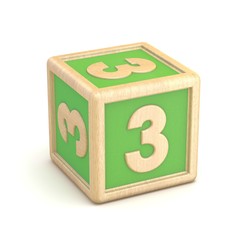 Number 3 THREE wooden alphabet blocks font rotated. 3D