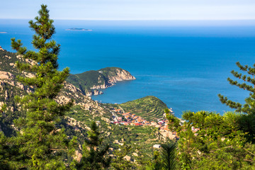 View of a fishing village in Laoshan Mountain, seen from Ba Shui He trail in Summer, Qingdao, China