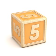 Number 5 FIVE wooden alphabet blocks font rotated. 3D