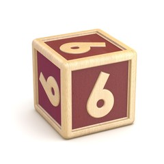 Number 6 SIX wooden alphabet blocks font rotated. 3D