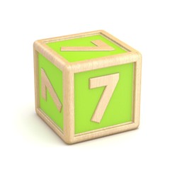 Number 7 SEVEN wooden alphabet blocks font rotated. 3D