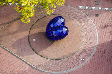 The sculpture of the blue glass heart in Delft, Netherlands