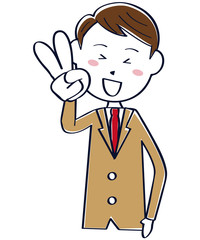 茶色のブレザーの学生　男子　上半身　Vサイン