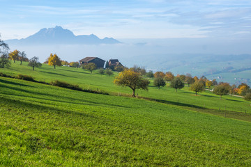 Obraz premium Amazing Landscape of Mount Pilatus and Lake Lucerne covered with frog, Alps, Switzerland