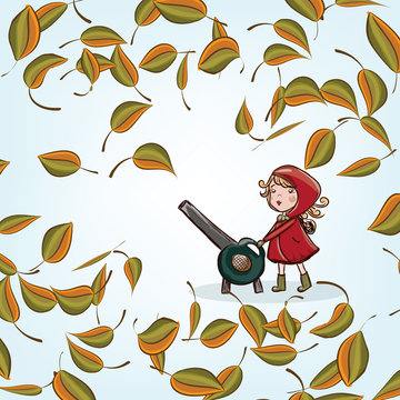 Cute Cartoon Girl In Red Coat Holding A Leaf Blower Surrounded With Autumn Leaves 