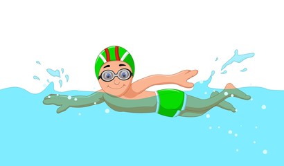 funny cartoon boy swimmer in the swimming pool