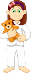 cute sleepy girl cartoon holding teddy bear