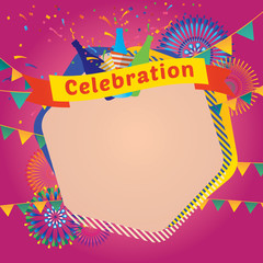 Vector illustration of celebration with fireworks and champagne bottle background.