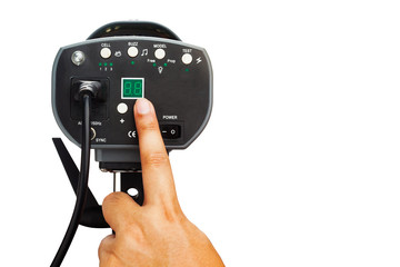 photographer power on studio light setup on isolated white background with clipping path
