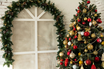 Fototapeta na wymiar Design room with Christmas fir and the window